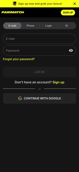 Pantalla de acceso de la app de Parimatch con campos de e-mail y contraseña — captura ilustrativa; este sitio es informativo y no es el operador Pantalla de acceso de la app de Parimatch con campos de e-mail y contraseña